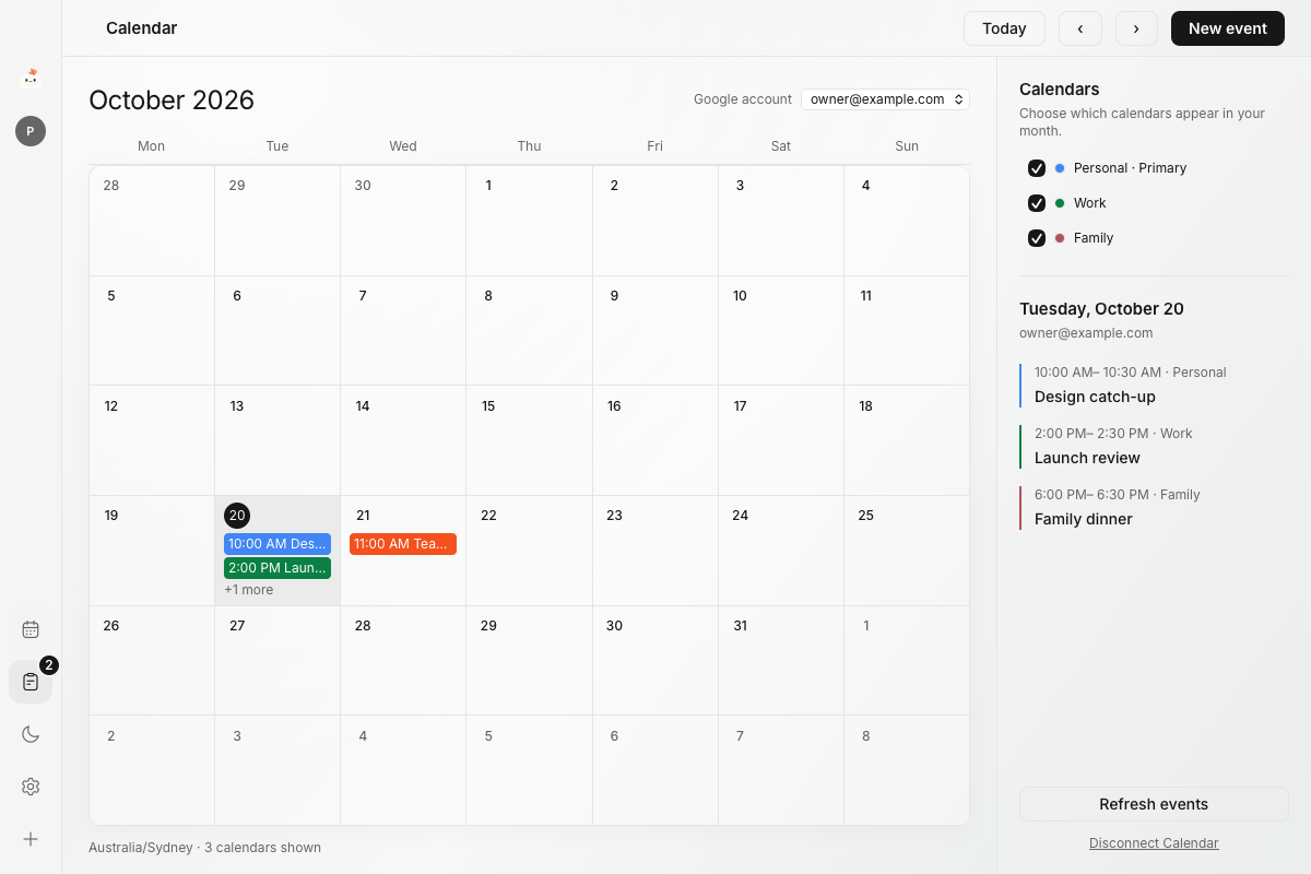 Mailsi’s current calendar with Personal, Work and Family calendars and matching event colors