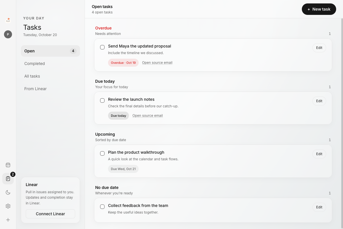 Mailsi’s current task list with overdue, today and upcoming groups, email links and a due-task badge